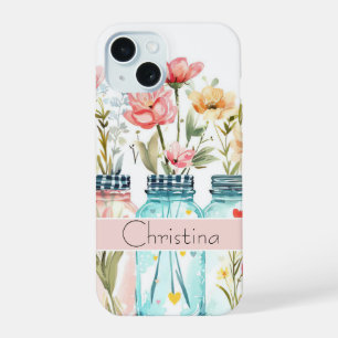 Coque iPhone 15 Conception des fleurs de printemps avec nom