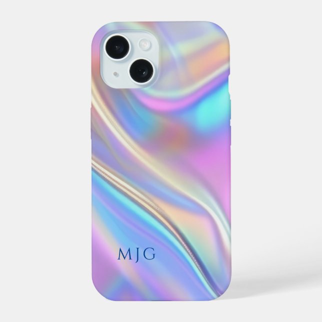 Coque iPhone 15 Conception iridescente, monogramme de texte bleu p (Verso)