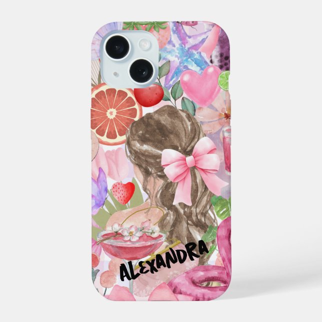 Coque iPhone 15 Coquette Collage, rose & Girly Mignonne Téléphone  (Verso)