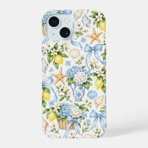 Coque iPhone 15 Coquette Côtière Bleue Coquillage & Fleur de Citro