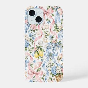 Coque iPhone 15 Coquette Florale Côtière Rose et Bleue Coquillage