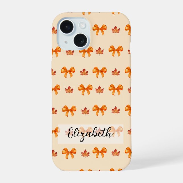 Coque iPhone 15 Coquette Orange Automne Bows et Feuilles (Verso)