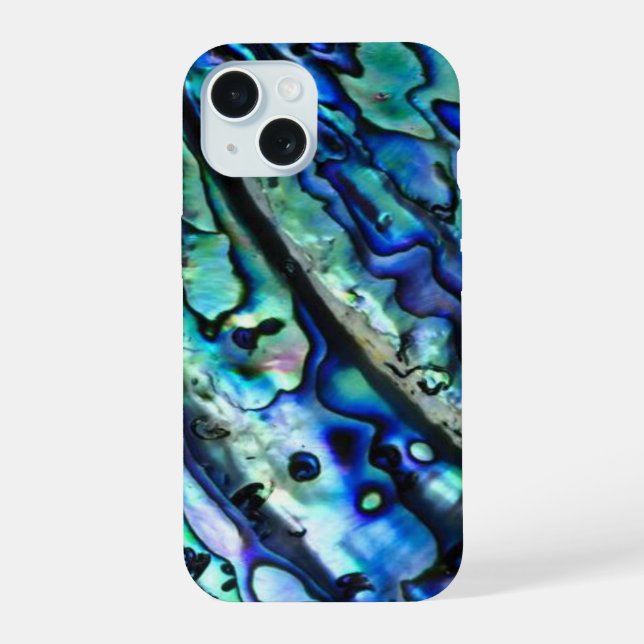 Coque iPhone 15 Coquille d'ormeau iridescente abstraite bleu-vert (Verso)