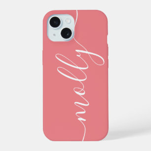 Coque iPhone 15 Coral moderne tendance Calligraphie rose Nom du sc