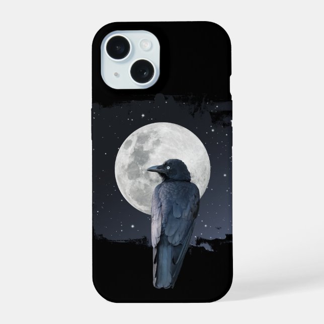 Coque iPhone 15 Corbeau des forêts Lune froide (Verso)