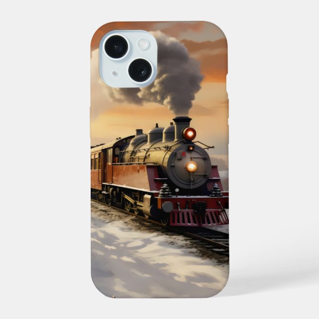 Coque iPhone 15 Coucher de soleil en hiver et train (Verso)