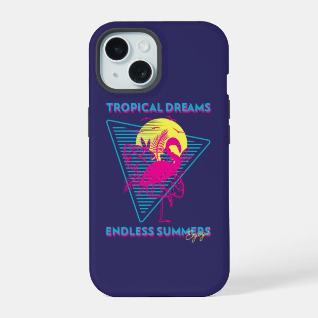 Coque iPhone 15 Coucher de soleil Rétro Flamant Synthwave Vibes (Verso)
