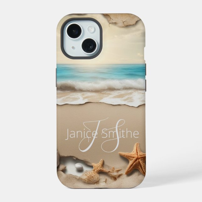 Coque iPhone 15 Coucher de soleil sur la plage Monogramme (Verso)