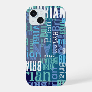 Coque iPhone 15 Couleurs bleues de Brian (nom personnalisé) répété