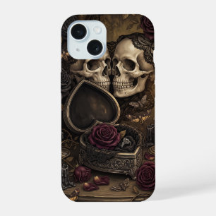 Coque iPhone 15 Couple de squelettes gothiques Romance sombre Rose