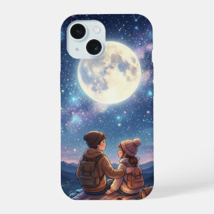 Coque iPhone 15 Couple romantique sous la pleine lune et la galaxi