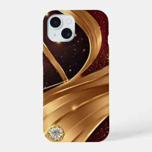 Coque iPhone 15 Courbes dorées fluides avec ornement rouge riche