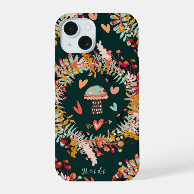 Coque iPhone 15 Couronnes et cœurs de champignons (Verso)