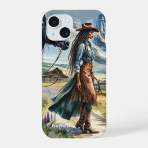 Coque iPhone 15 Cowgirl Rustique et Cheval Personnalisé