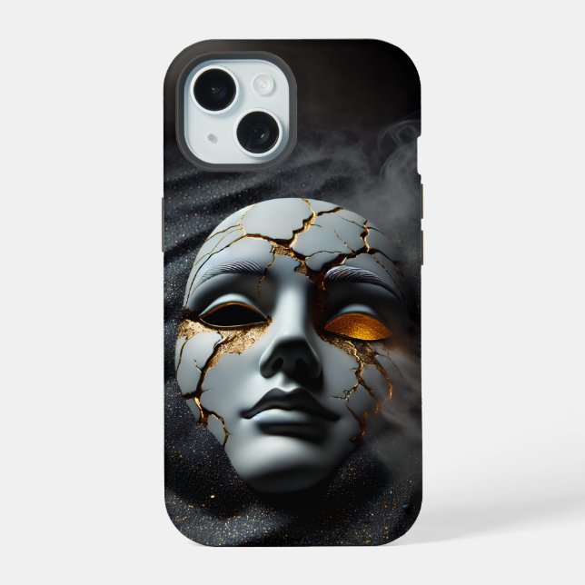 Coque iPhone 15 Cracked Porcelain Mask Dark iPhone 15 Tough Case (Verso)