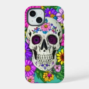 Coque iPhone 15 crâne coloré avec des fleurs