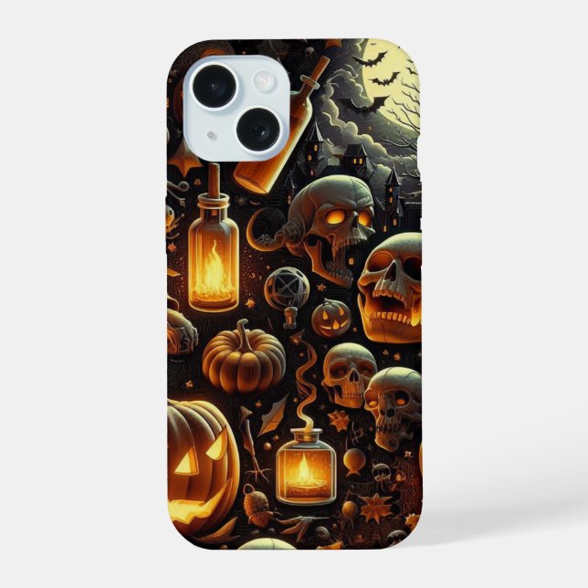 Coque iPhone 15 Crânes d'Halloween éffrayants, chauves-souris, arb (Verso)