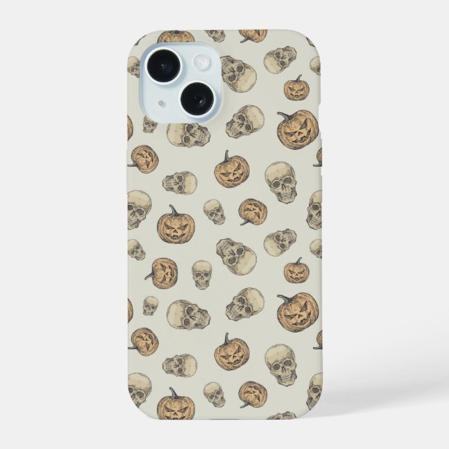 Coque iPhone 15 Crânes et Citrouille Motif d'Halloween (Verso)
