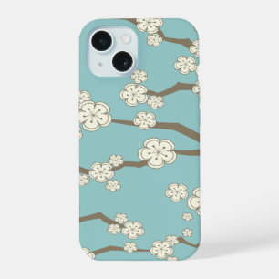 Coque iPhone 15 Crème Zen Fleurs de Cerisier Sakura Sur Fond Bleu