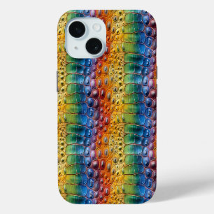 Coque iPhone 15 Crocodile arc-en-ciel en cuir
