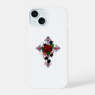 Coque iPhone 15 Croix d'argent avec une rose rouge