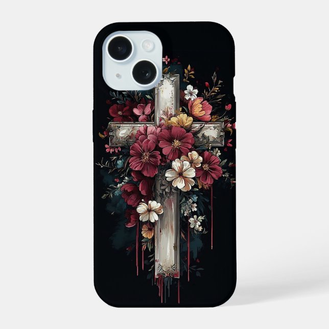 Coque iPhone 15 Croix florale (Verso)