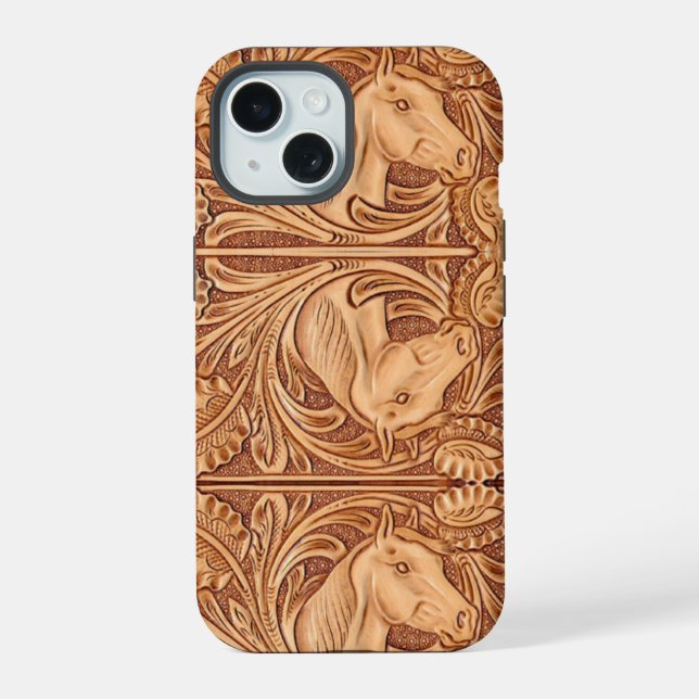 Coque iPhone 15 cuir rustique de style western country équitation  (Verso)
