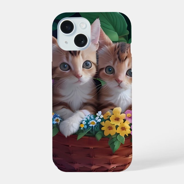 Coque iPhone 15 Cuisinement Cute Kittens dans un panier à fleurs (Verso)