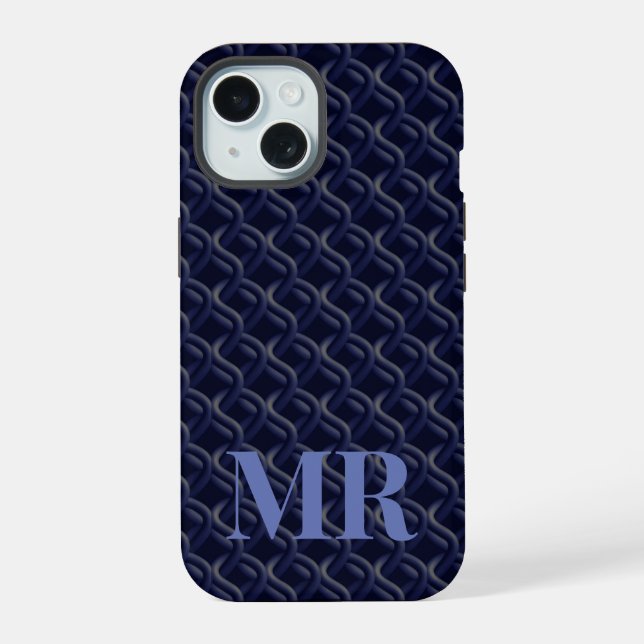 Coque iPhone 15 Custom Initial Large Modern Blue Lattice Rubber (Verso)