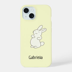 Coque iPhone 15 Cute blanc lapin nom personnalisé jaune