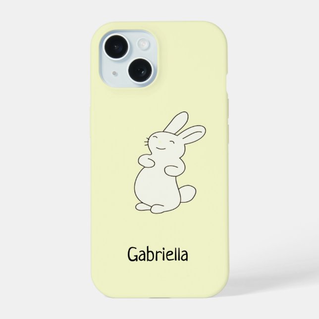 Coque iPhone 15 Cute blanc lapin nom personnalisé jaune (Verso)