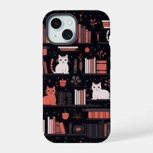 Coque iPhone 15 Cute Bookish Chats Livres Rose