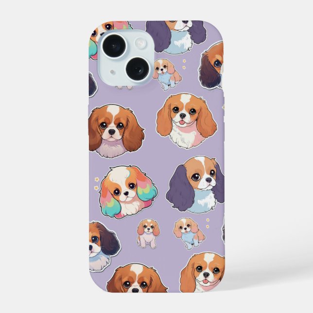 Coque iPhone 15 Cute Cavalier King Charles Pastel Motif (Verso)