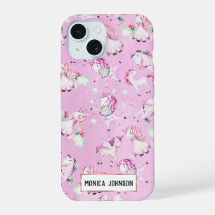 Coque iPhone 15 Cute Girl rose Unicorne Aquarelle arc-en-ciel