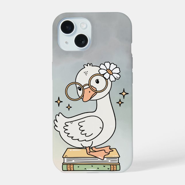 Coque iPhone 15 Cute Goose With Glasses Reading Books Illustration (Verso)