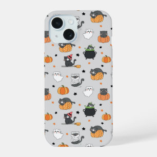 Coque iPhone 15 Cute Halloween Chats et Fantômes Motif