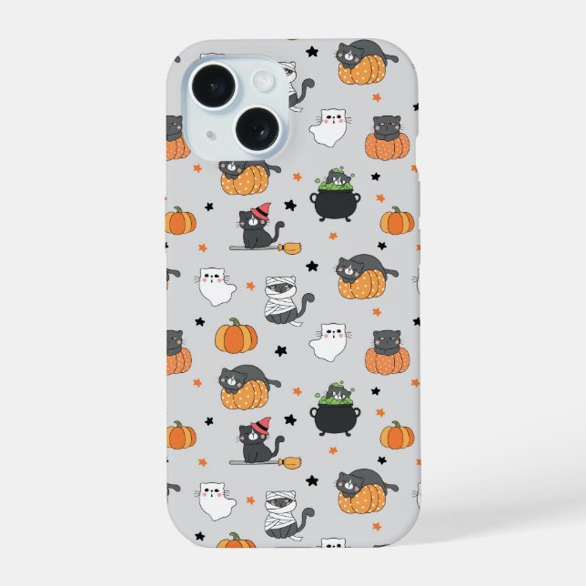 Coque iPhone 15 Cute Halloween Chats et Fantômes Motif (Verso)