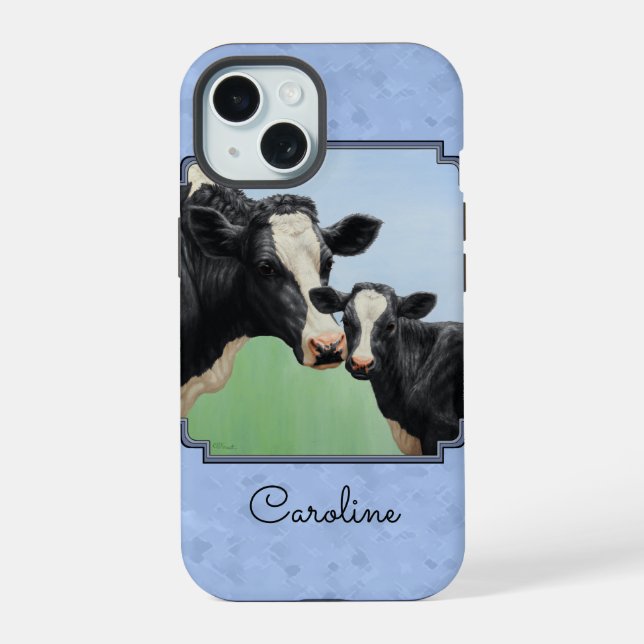 Coque iPhone 15 Cute Holstein Calf & Vache Ciel bleu (Verso)