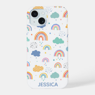 Coque iPhone 15 Cute Modern Rainbows & Clouds Motif Personnalisé