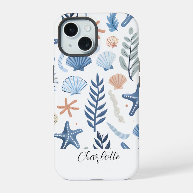 Coque iPhone 15 Cute Seashell Starfish Nom personnalisé (Verso)