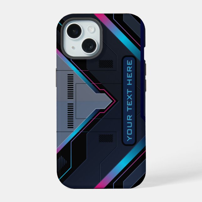 Coque iPhone 15 Cyberpunk Mecha Armor Neon Blue Purple Custom Name (Verso)