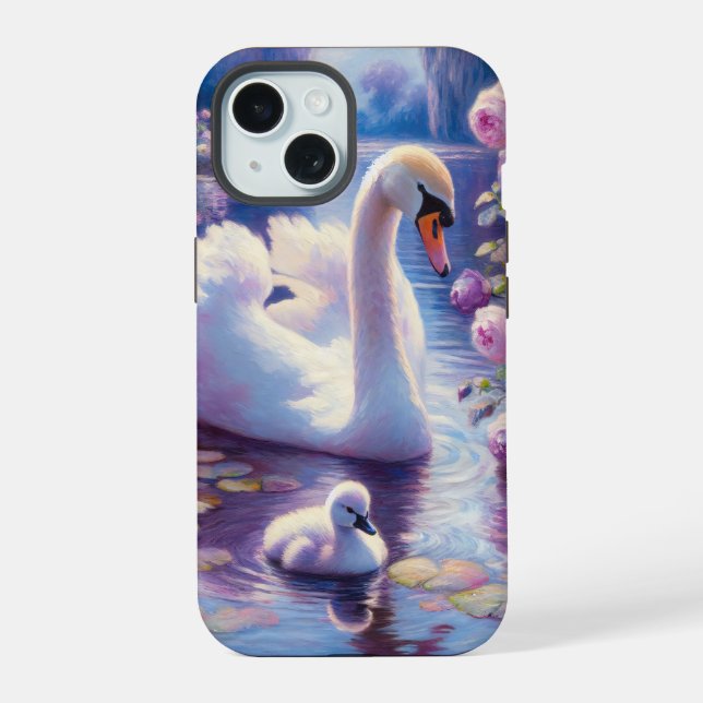 Coque iPhone 15 Cygne blanc et jeune cygne avec roses violettes (Verso)