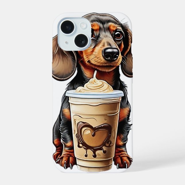 Coque iPhone 15 Dachshund et café glacé (Verso)