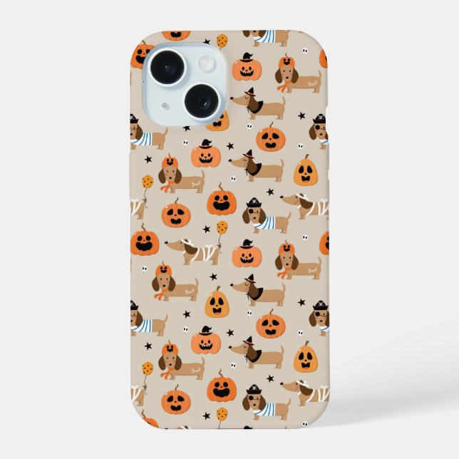 Coque iPhone 15 Dachshunds en Halloween Costumes Motif (Verso)