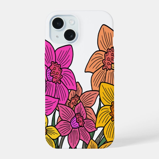 Coque iPhone 15 Daffodils colorés Fleurs Design (Verso)