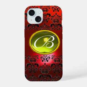 Coque iPhone 15 DAMASK GEM MONOGRAM Jaune rouge