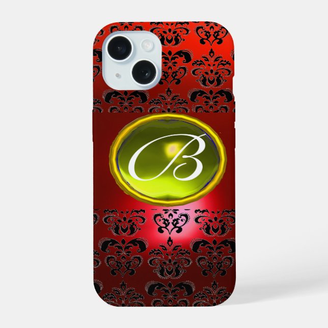 Coque iPhone 15 DAMASK GEM MONOGRAM Jaune rouge (Verso)