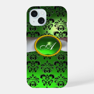 Coque iPhone 15 DAMASK GIRLY MONOGRAM ruban vert blanc