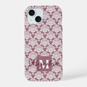 Coque iPhone 15 Damassé blanc sur joli monogramme et nom Mauve
