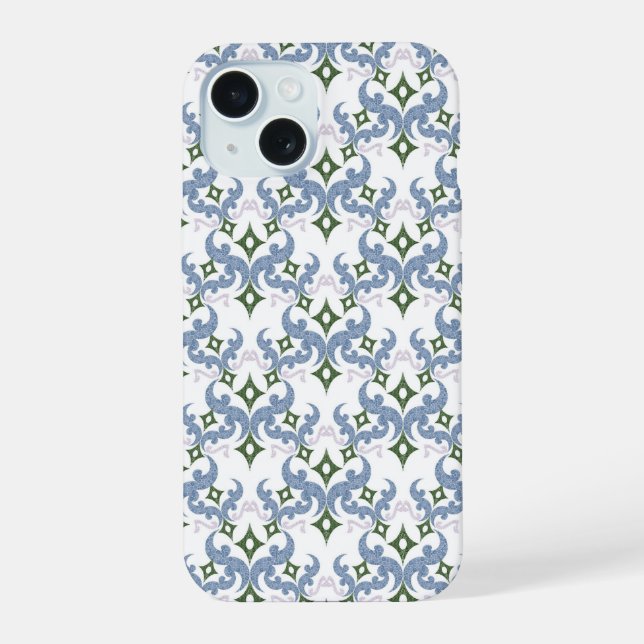 Coque iPhone 15 damassé bleu et vert ornement pointillisme (Verso)